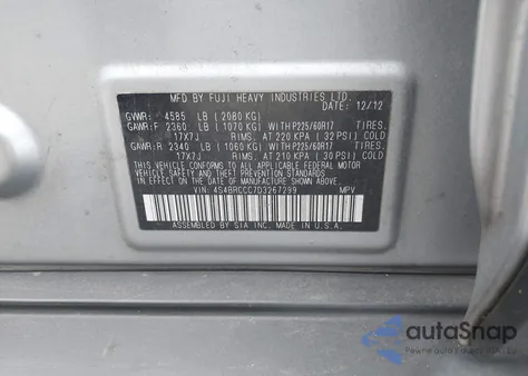 2013 Subaru Outback 2.5I Premium z USA, uszkodzony, nr VIN 4S4BRCCC7D3267299